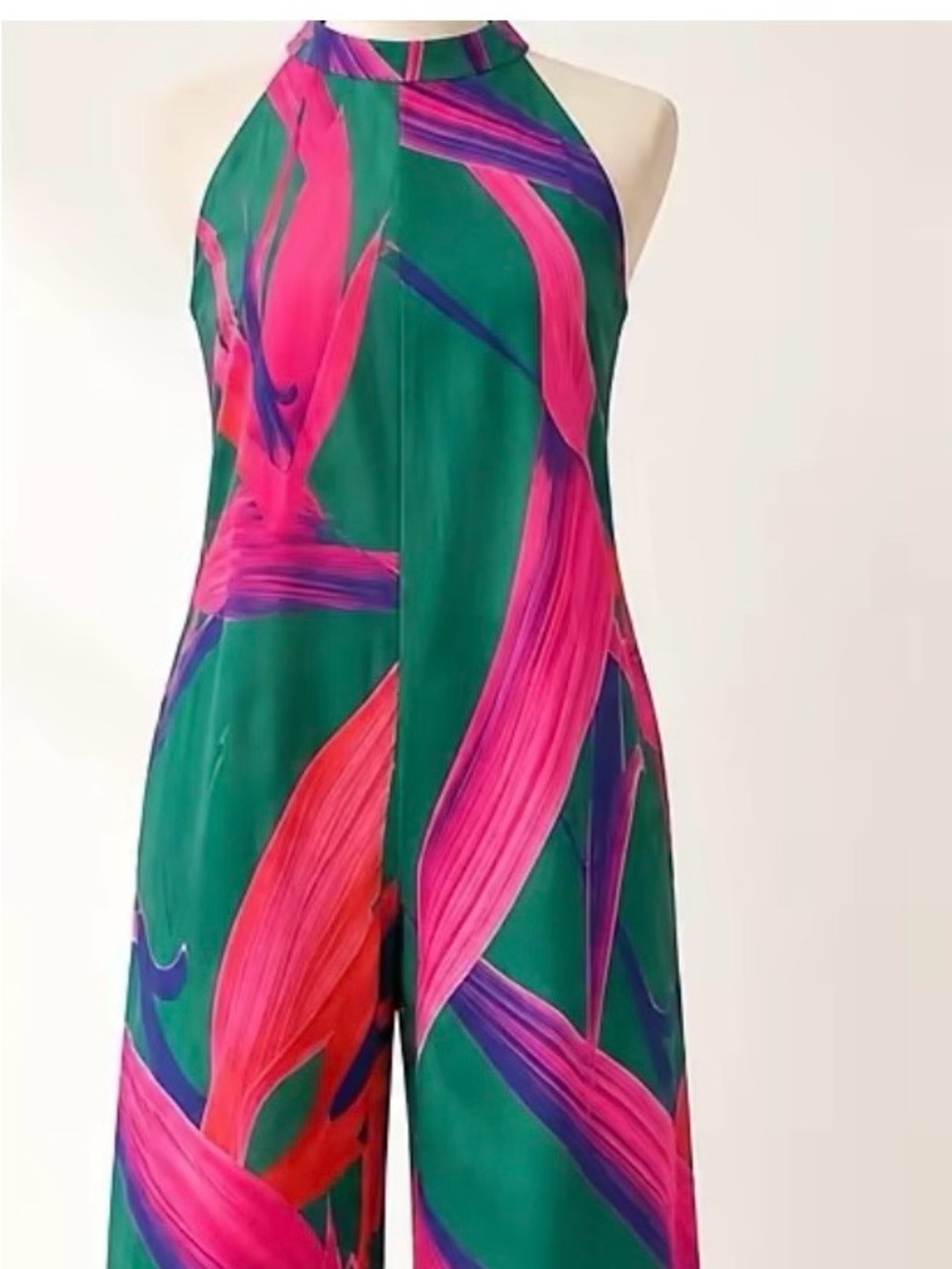 Sleeveless Halter Wide-Leg Jumpsuit in Green & Fuchsia